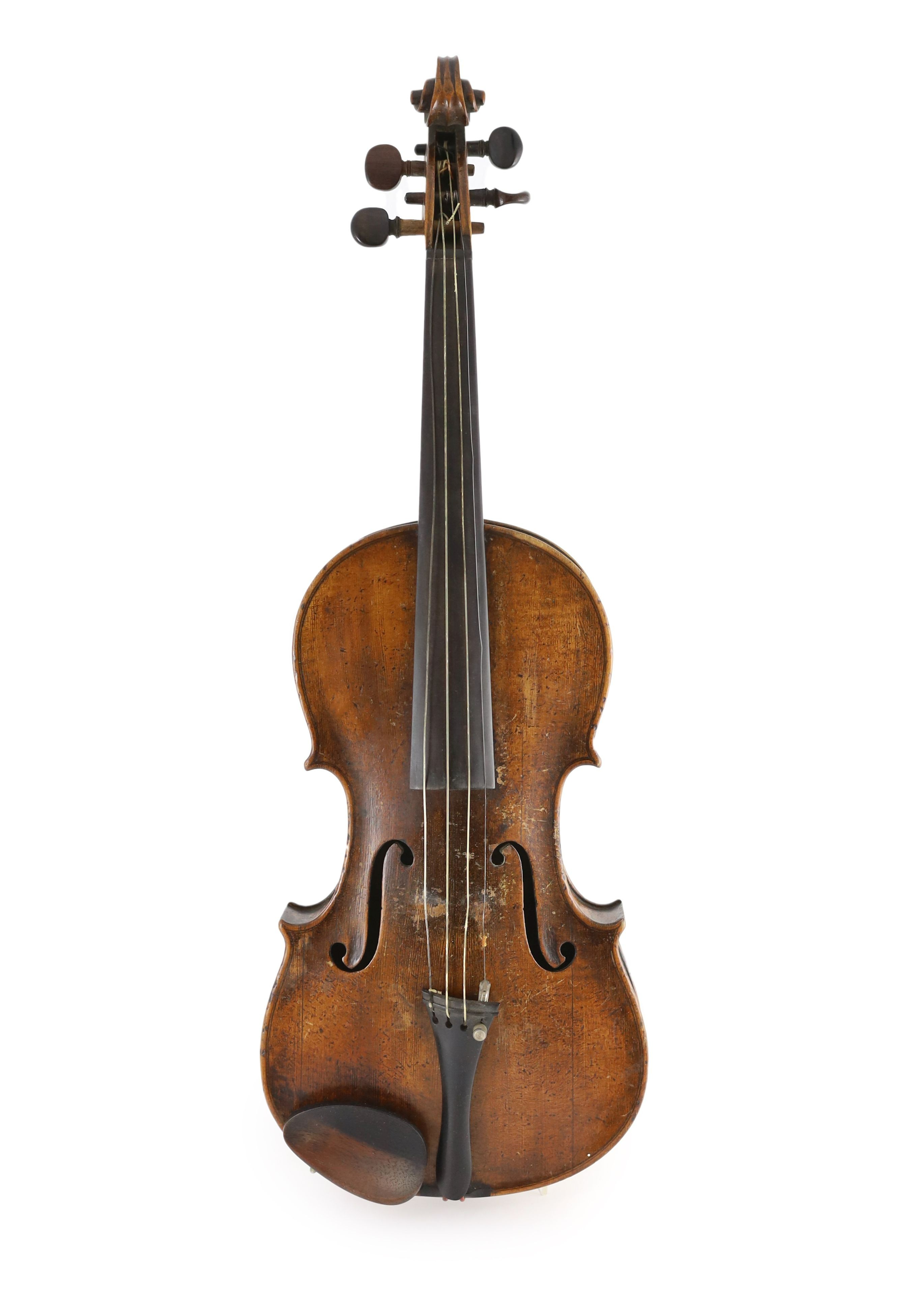 A 19th century violin, degraded internal paper label reads ‘Amati’, back measurement 36cm